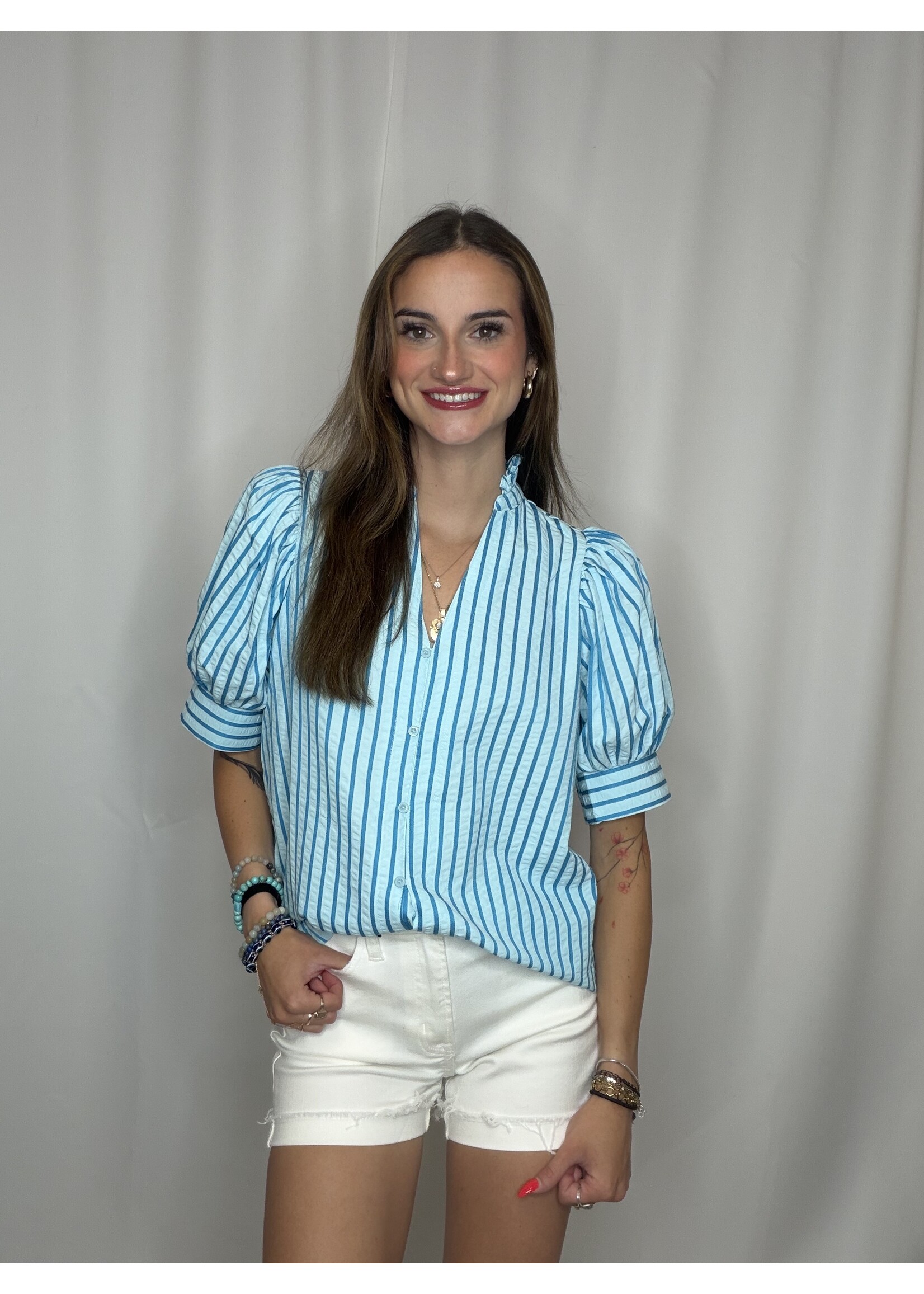 Striped Puff Sleeve Button Down Shirt