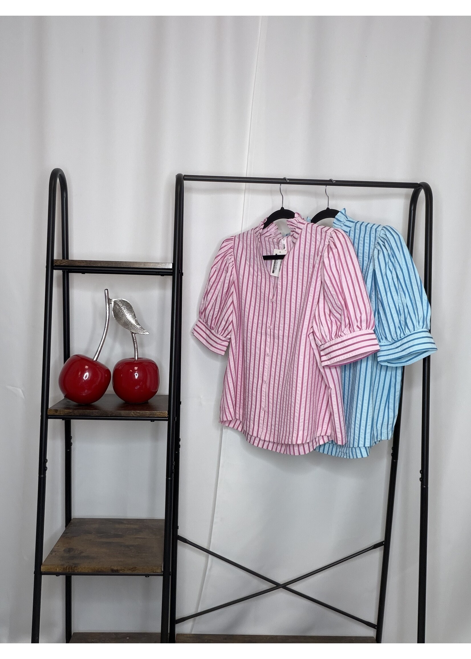 Striped Puff Sleeve Button Down Shirt