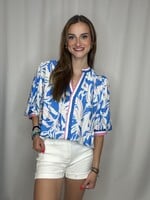 Collar V-Neck Floral Print Puff Sleeve Shirt