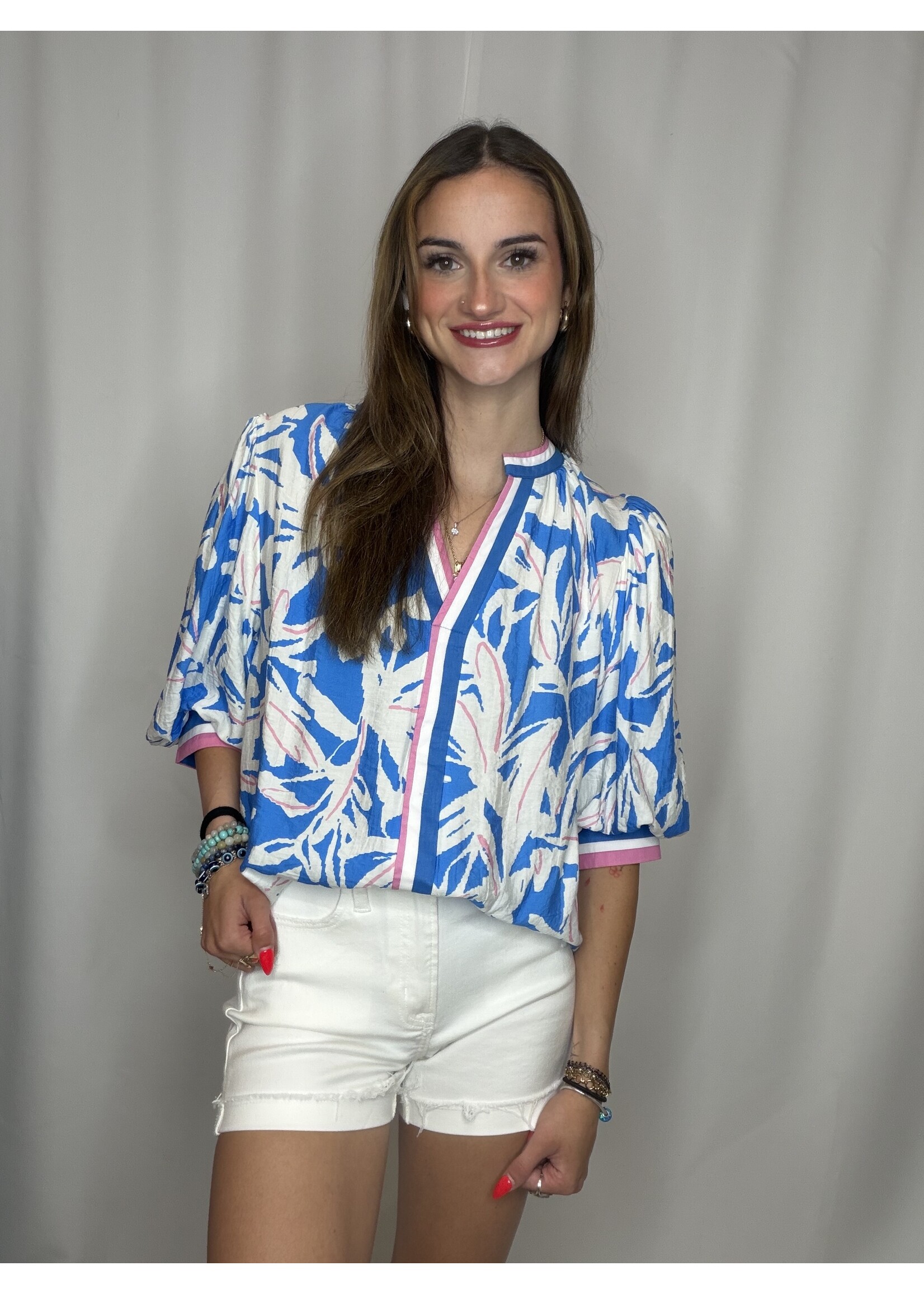 Collar V-Neck Floral Print Puff Sleeve Shirt