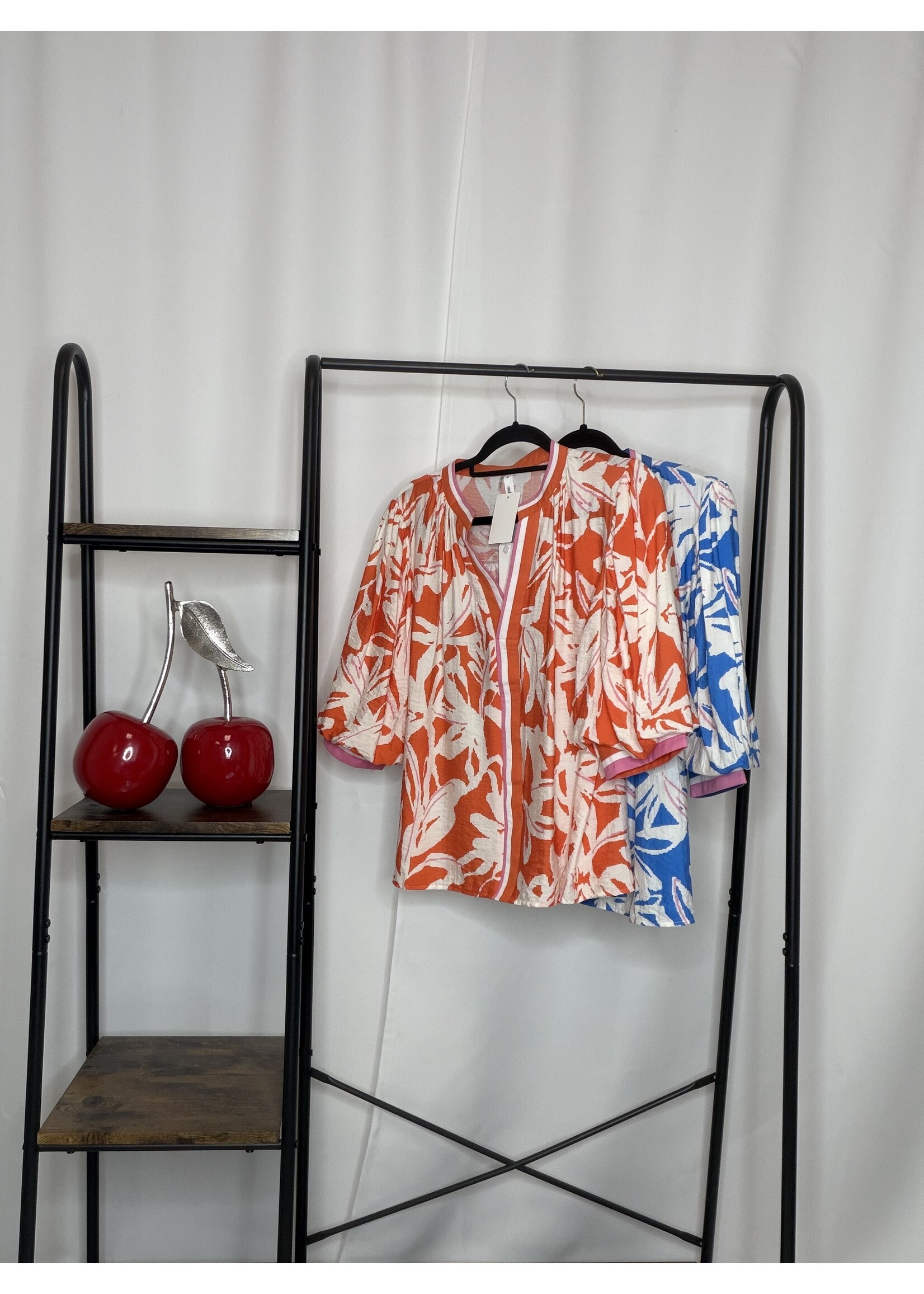 Collar V-Neck Floral Print Puff Sleeve Shirt