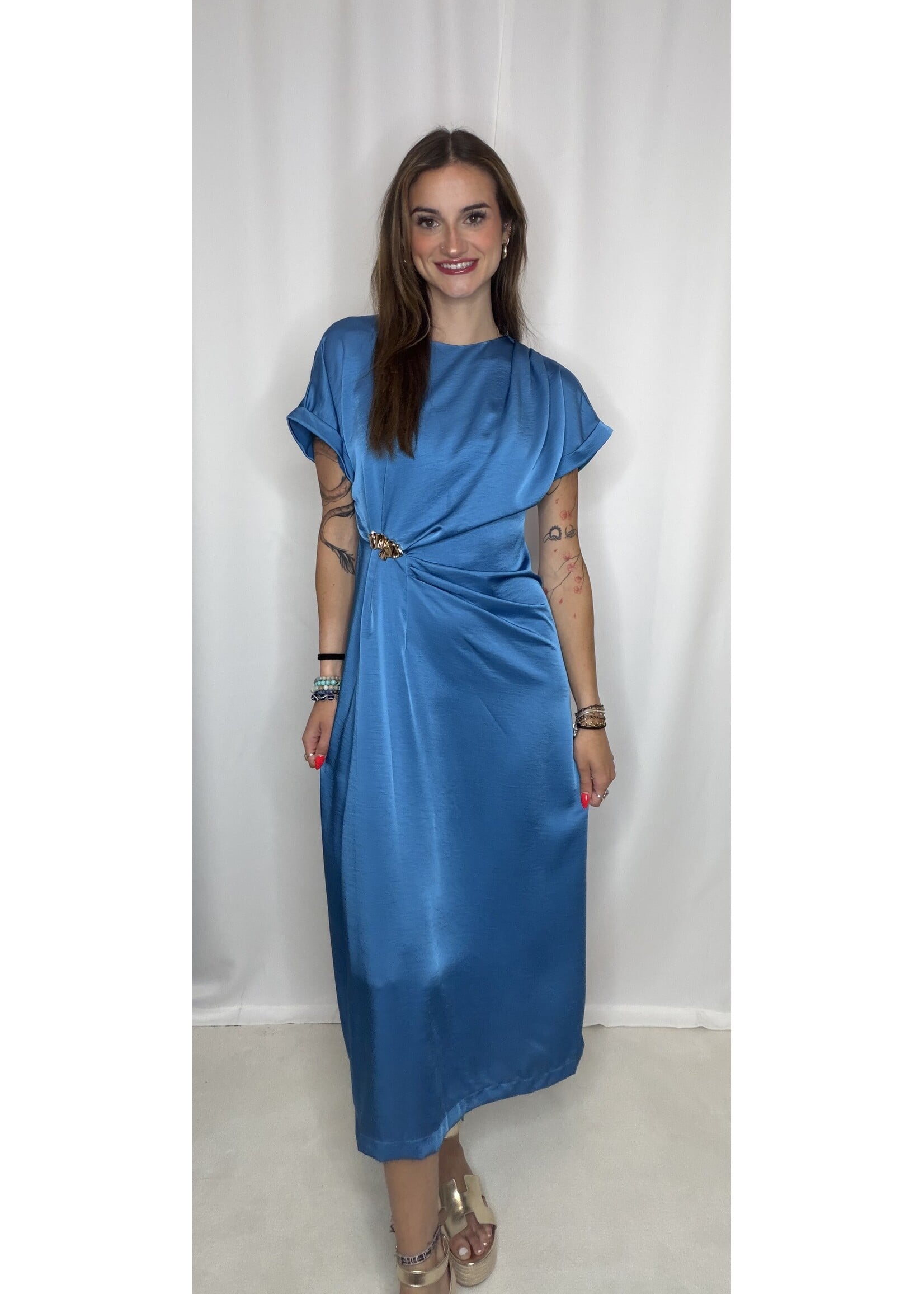 Gathered Metal Trim Short Sleeve Midi Dress