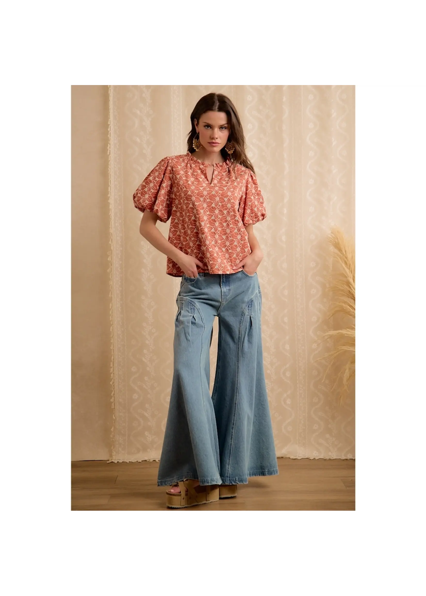 Eyelet Detail Puff Sleeve Top