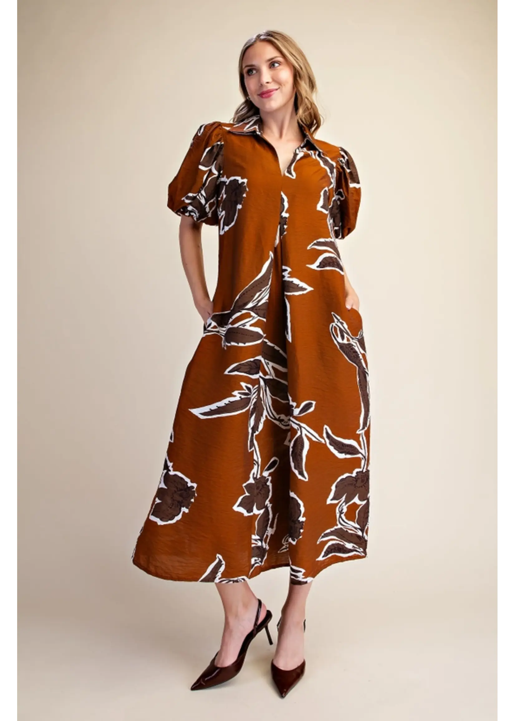 Collared Puff Sleeve Midi Dress