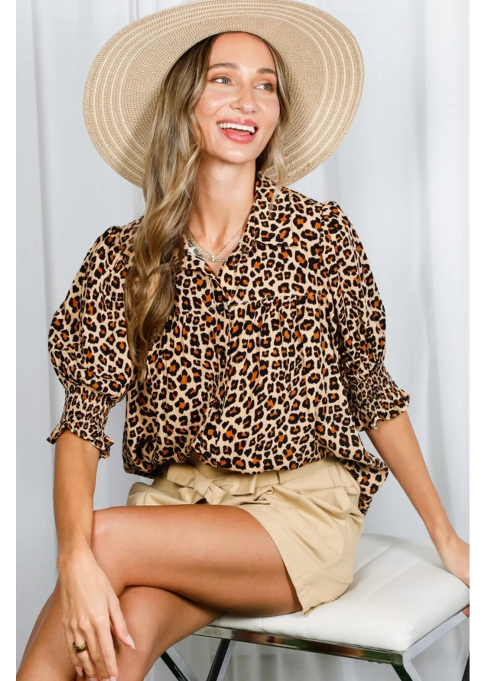 Leopard Print Collared Short Puff Sleeve Top