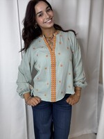 Split Neck Long Sleeve Embroidered Top