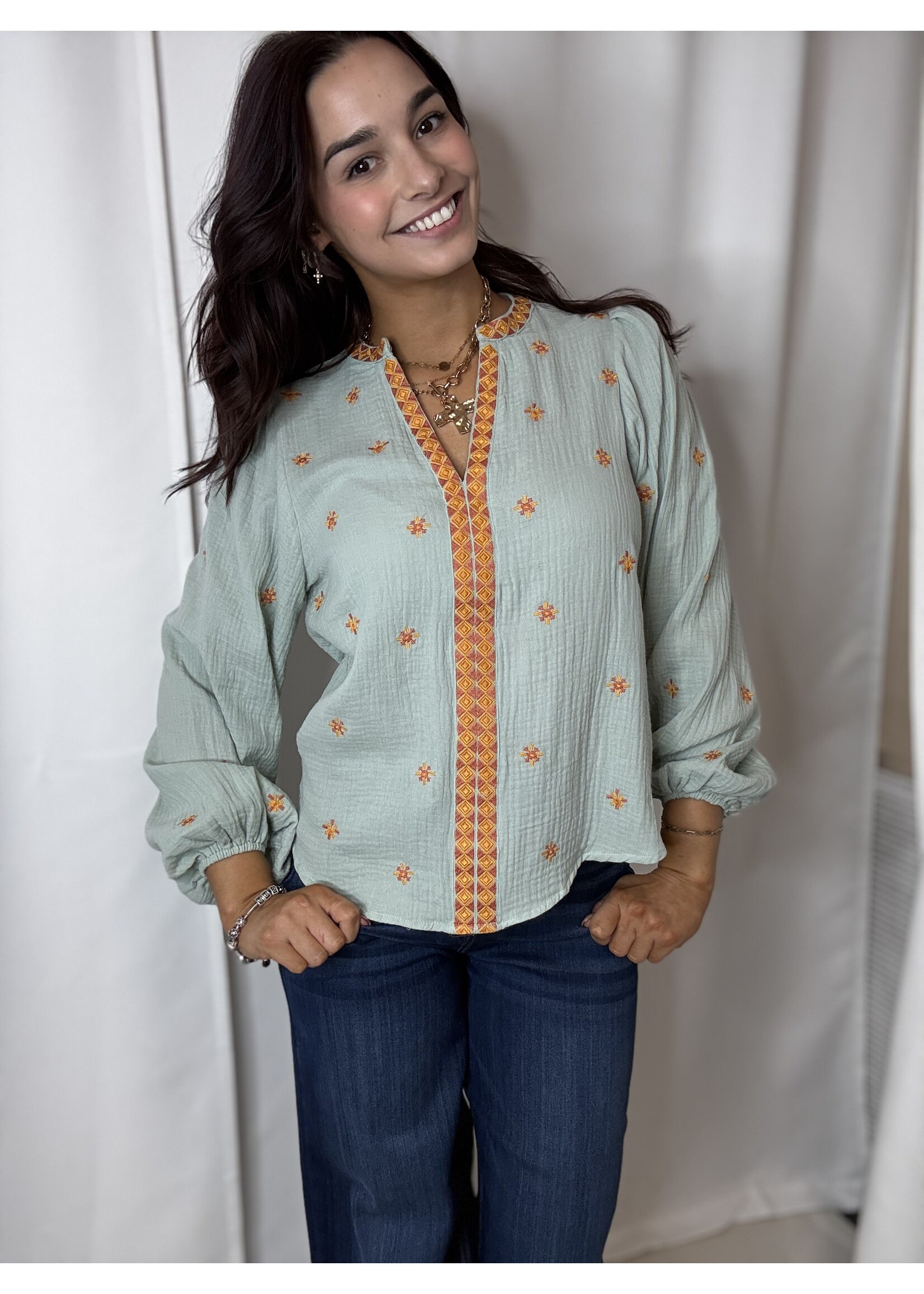 Split Neck Long Sleeve Embroidered Top