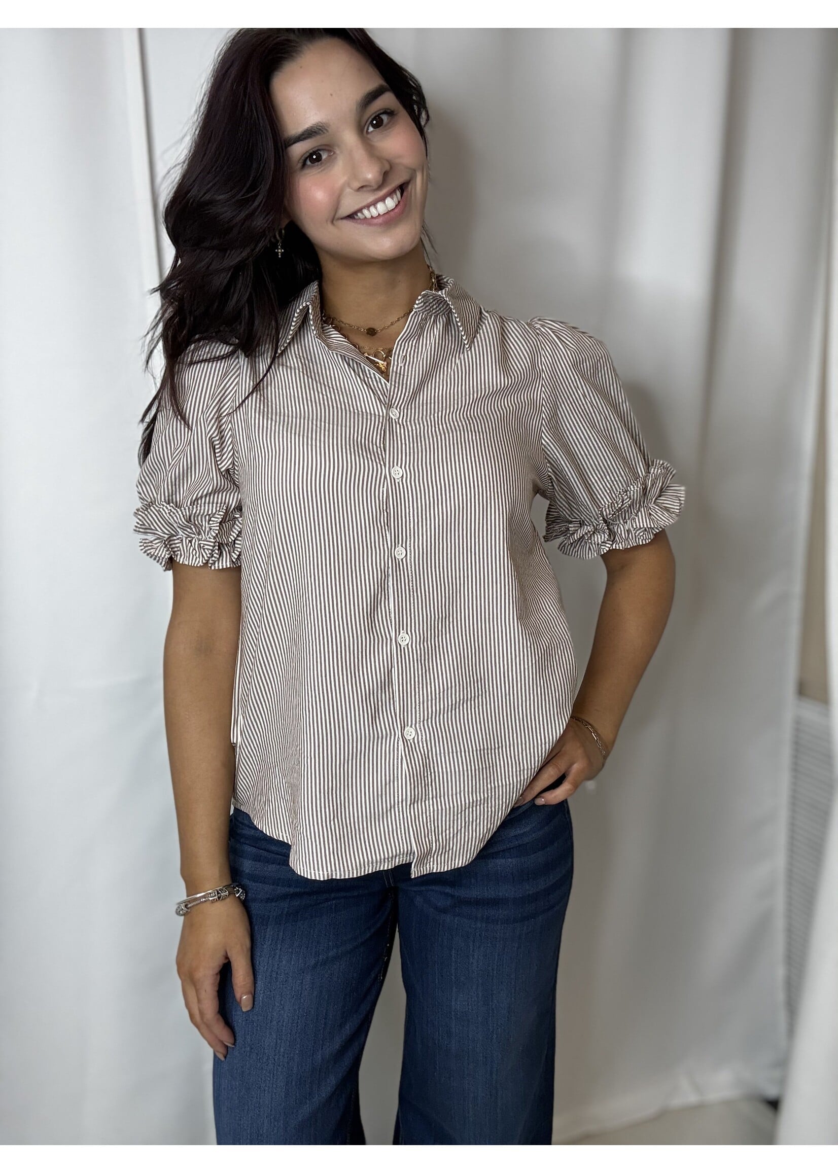 Stripe Button Down Top W/ Ruffle Sleeve