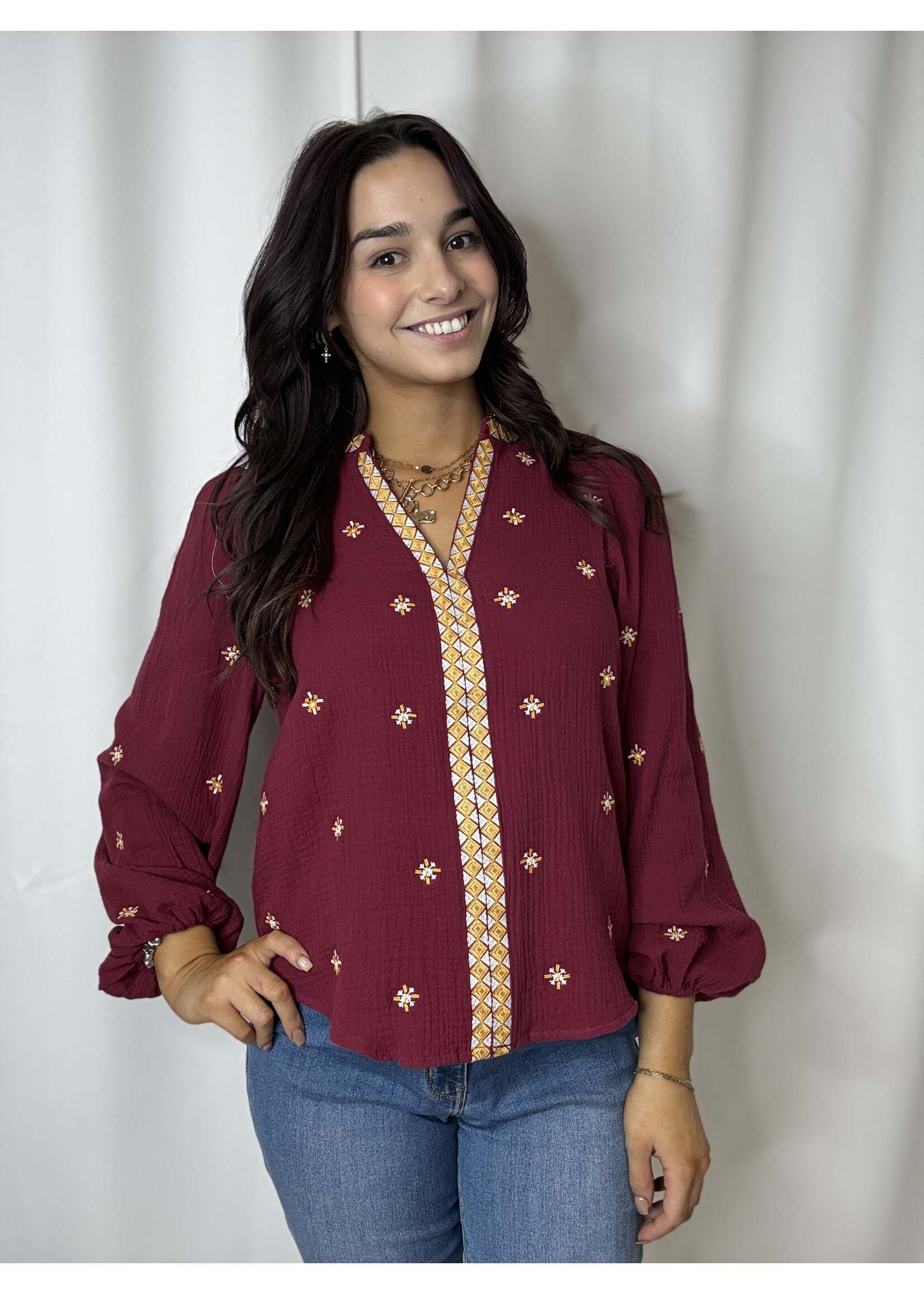 Split Neck Long Sleeve Embroidered Top
