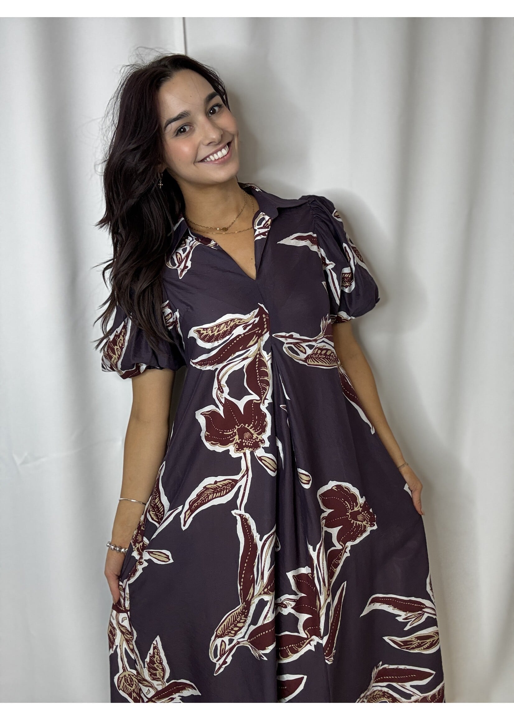 Collared Puff Sleeve Midi Dress