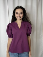 Ruffle Neck Waffle Puff Sleeve Top
