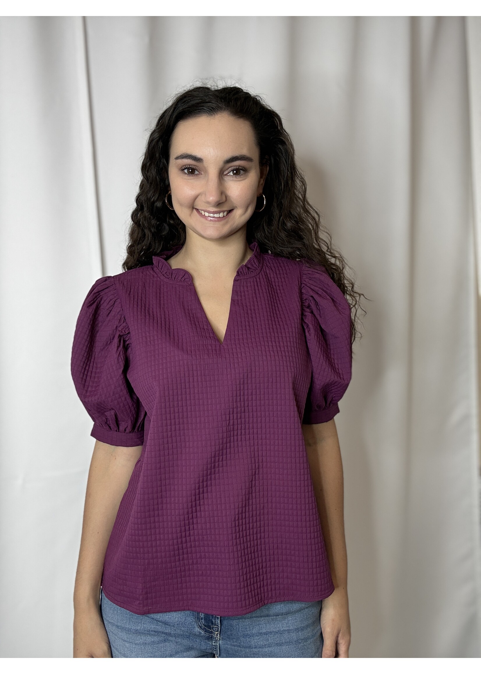 Ruffle Neck Waffle Puff Sleeve Top