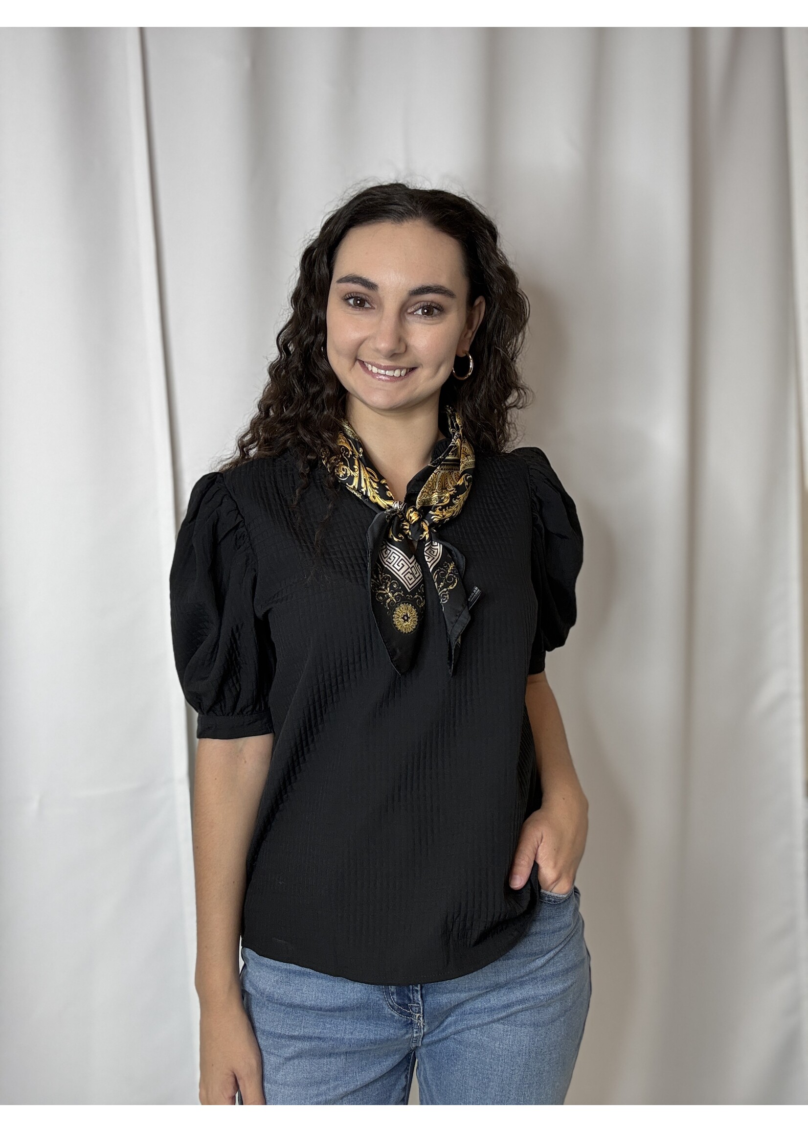 Ruffle Neck Waffle Puff Sleeve Top