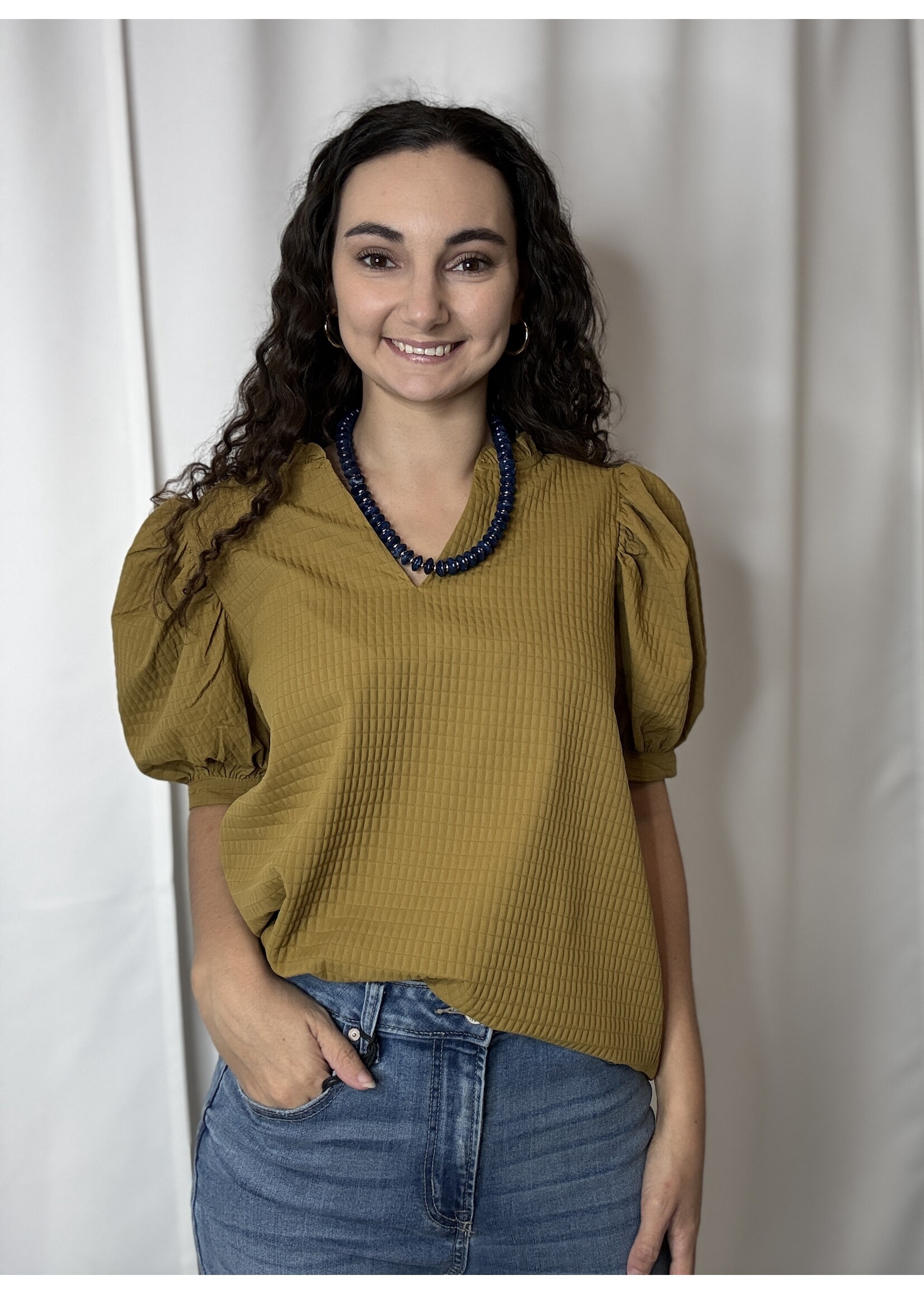Ruffle Neck Waffle Puff Sleeve Top