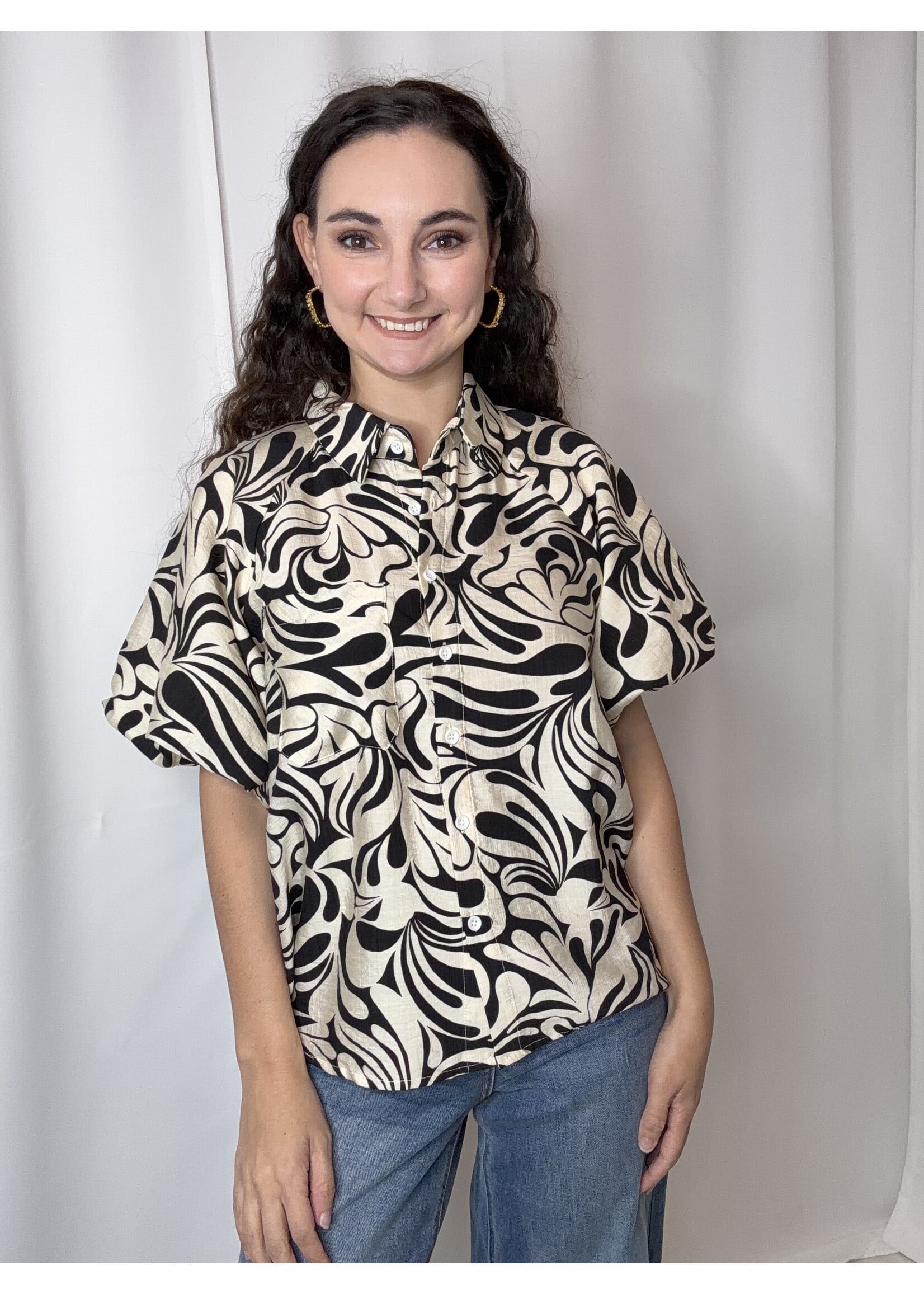 Bubble Sleeve Button Up Top