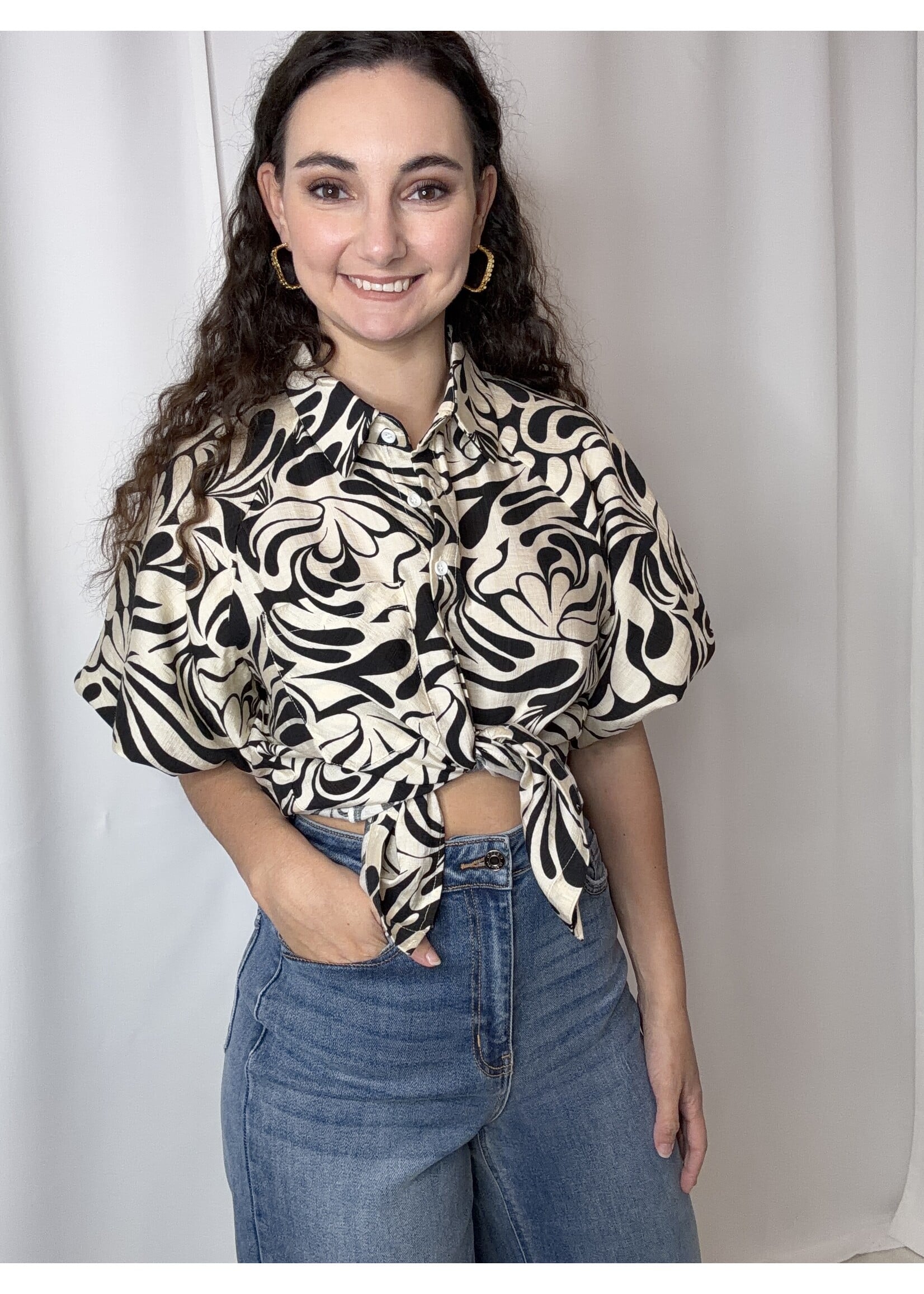 Bubble Sleeve Button Up Top