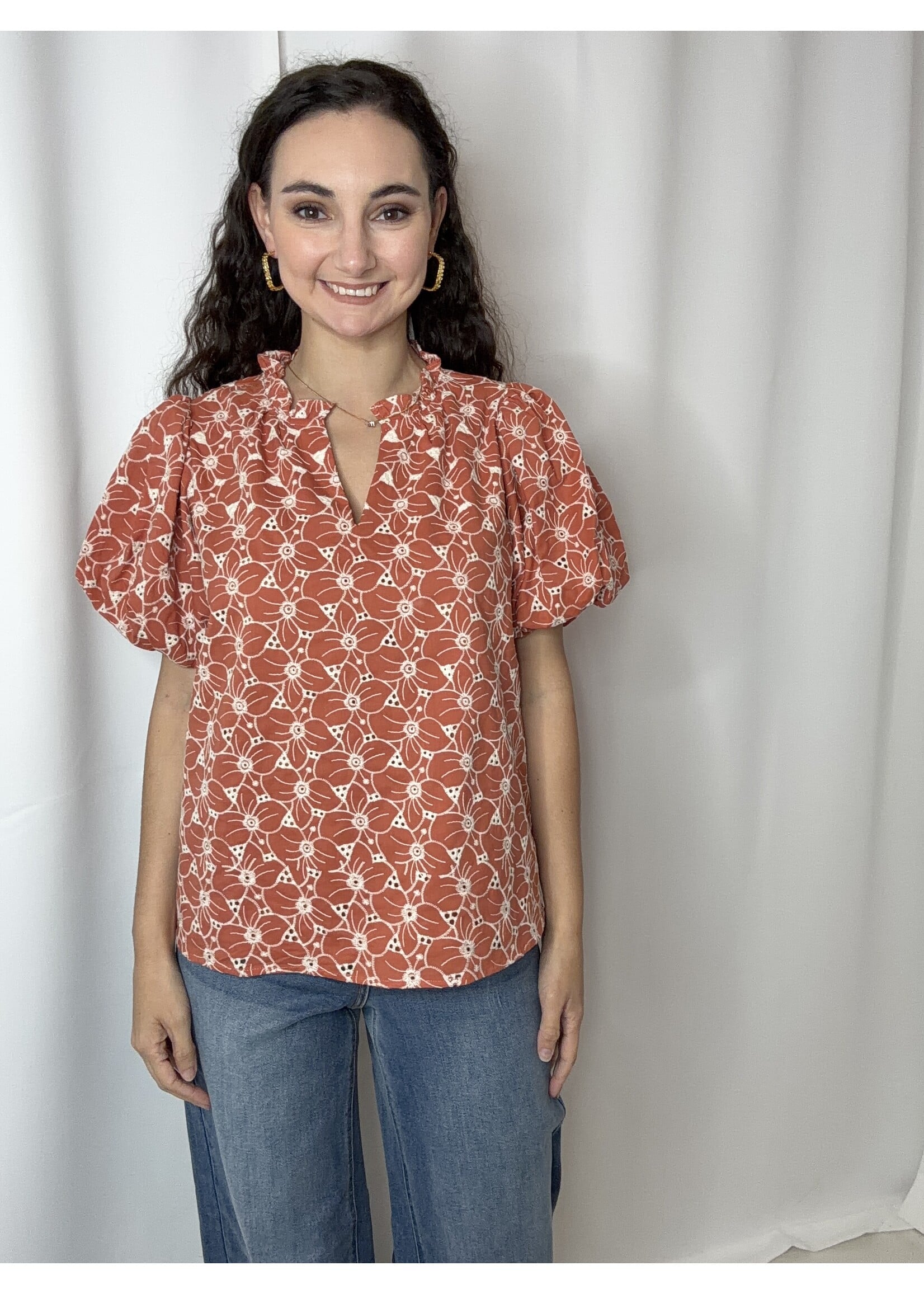 Eyelet Detail Puff Sleeve Top