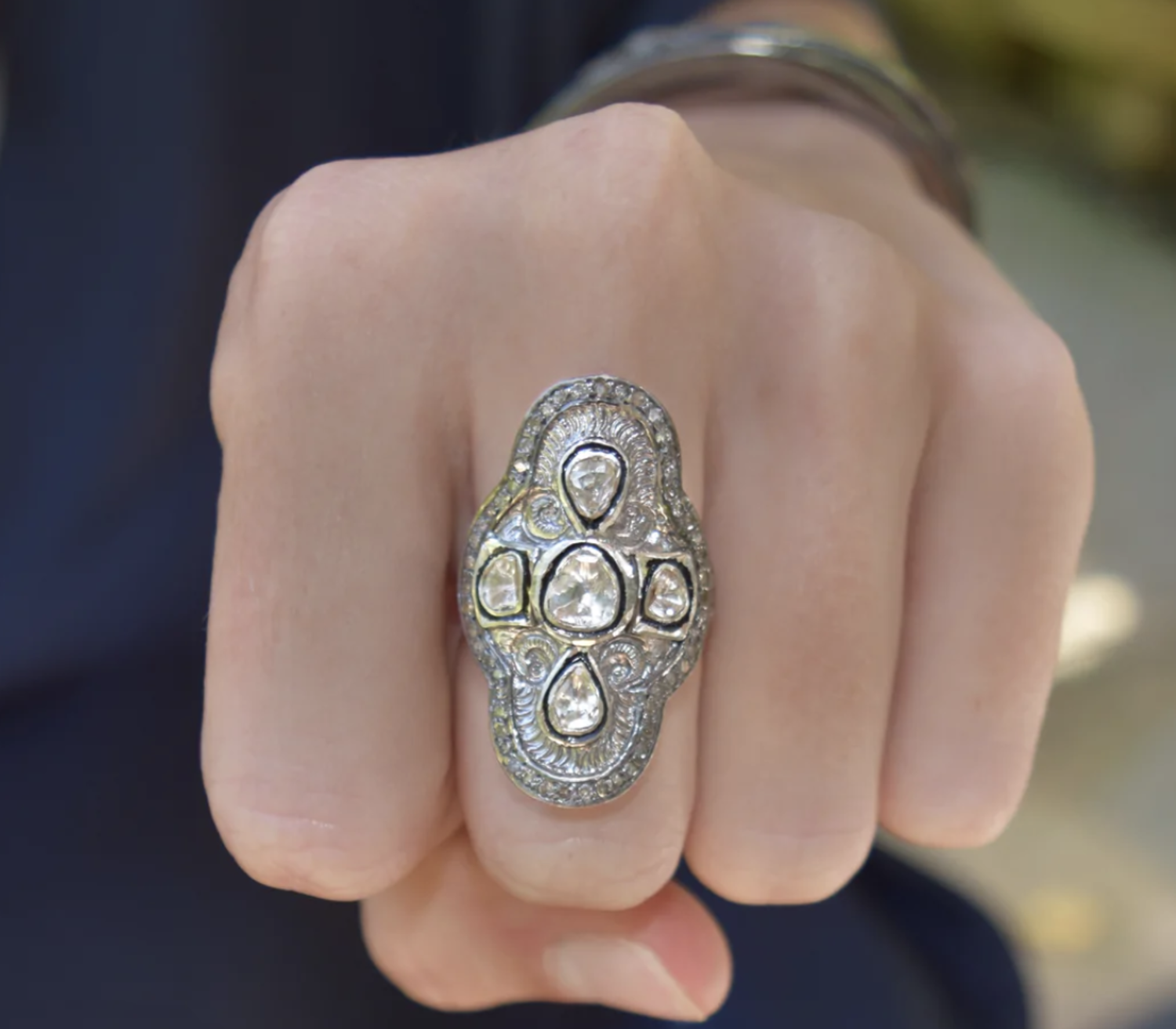 S. Carter Sterling Silver Rosecut Ring w 4 diamonds - size 7 - Back 40  Mercantile