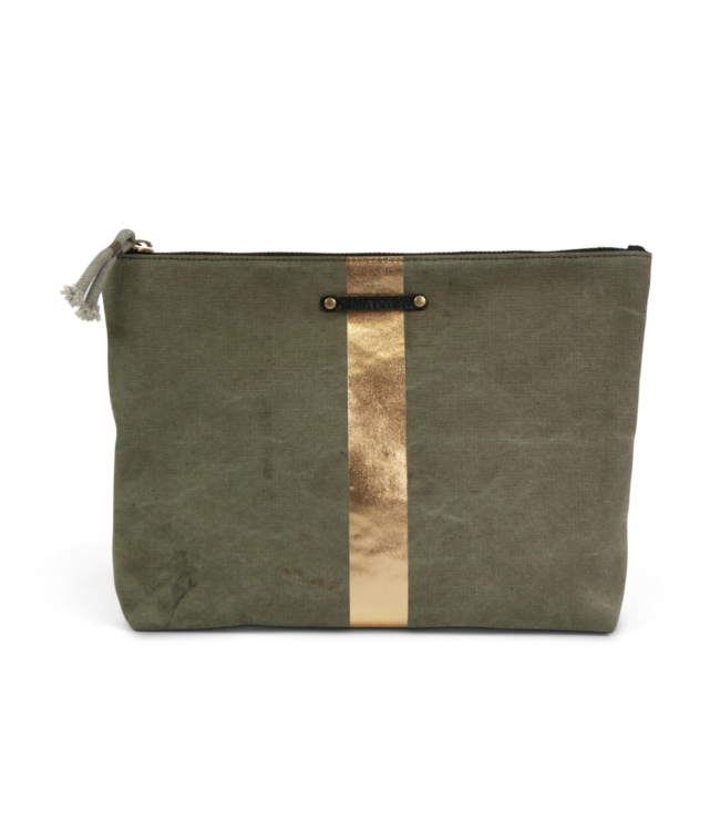 Washed Olive and Gold Striped Canvas Pouch