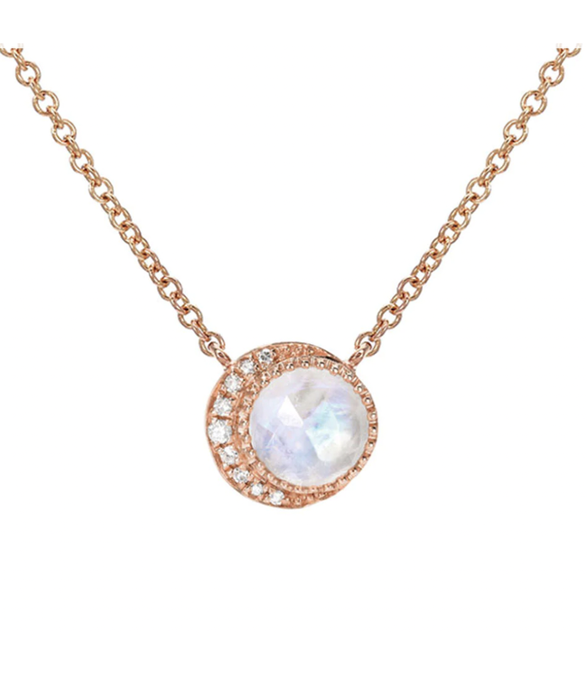 Moon Phase Necklace w Rose Cut Rainbow Moonstone
