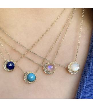 Moon Phase Necklace w Rose Cut Rainbow Moonstone
