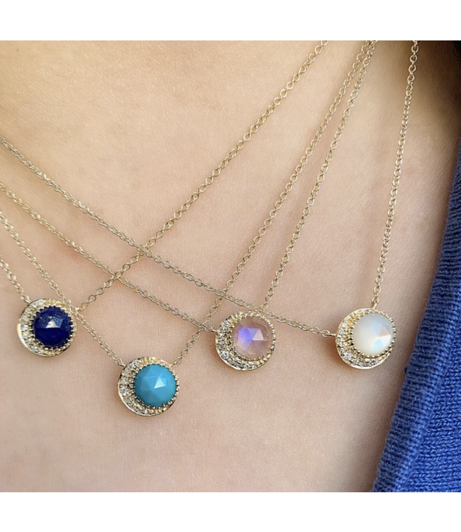 Moon Phase Necklace w Rose Cut Rainbow Moonstone