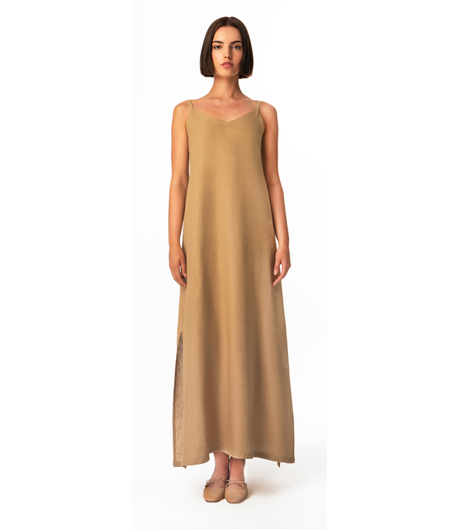 Strapped Linen Dress with Side Slits-available in black
