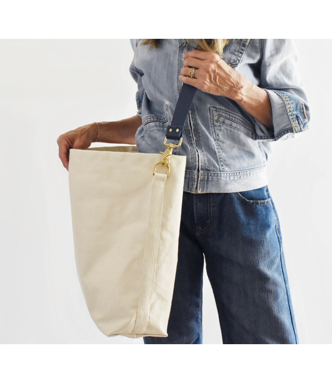 Canvas Tote Bag with Leather Strap-blue or pink