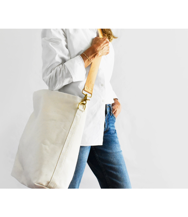 Canvas Tote Bag with Leather Strap-blue or pink
