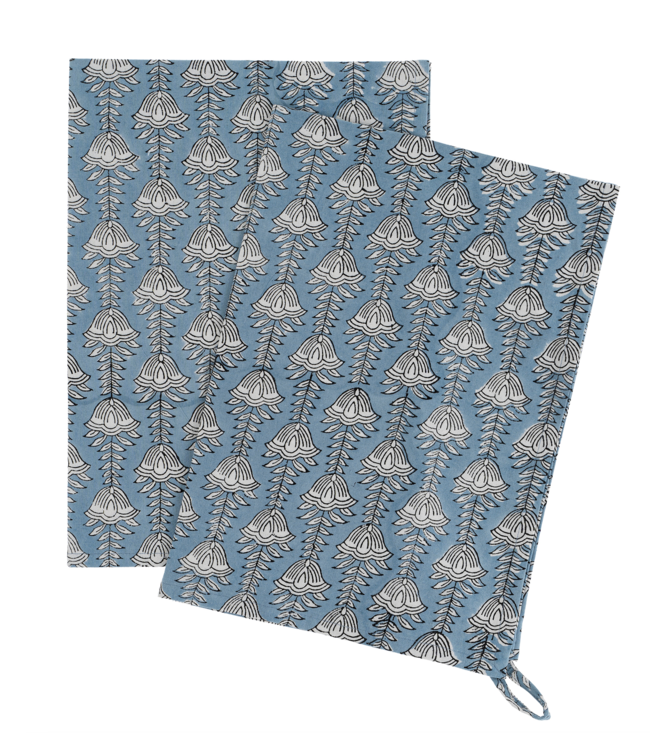 indaba Cotton Block Print Tea Towels S/2-Bluebell