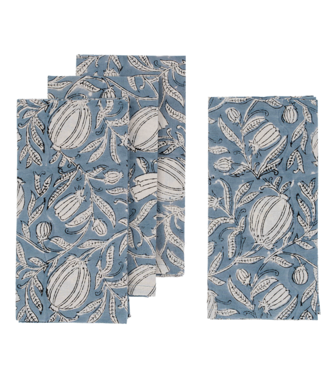 Block Print Napkin- set of 4  Floral Light Blue