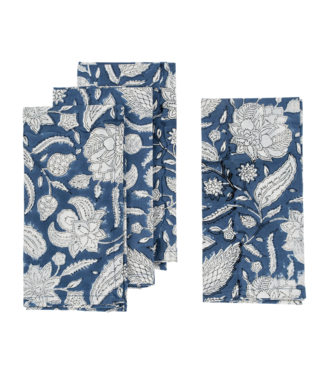 indaba Block Print Napkin- set of 4  Floral Dark Blue