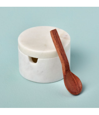 White Marble Lidded Cellar w/ Wood Spoon
