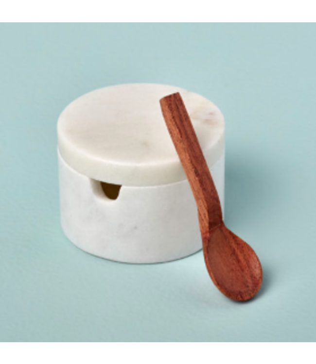White Marble Lidded Cellar w/ Wood Spoon