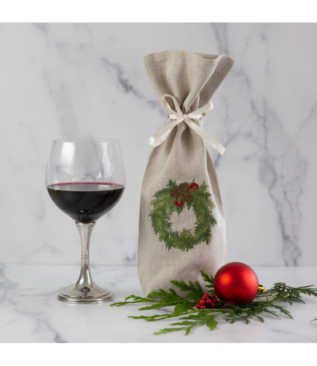 Linen Wreath Wine Bag