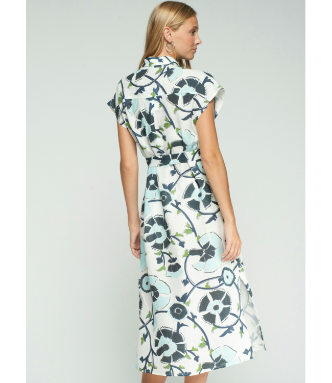 Blue Floral Linen S/S Dress