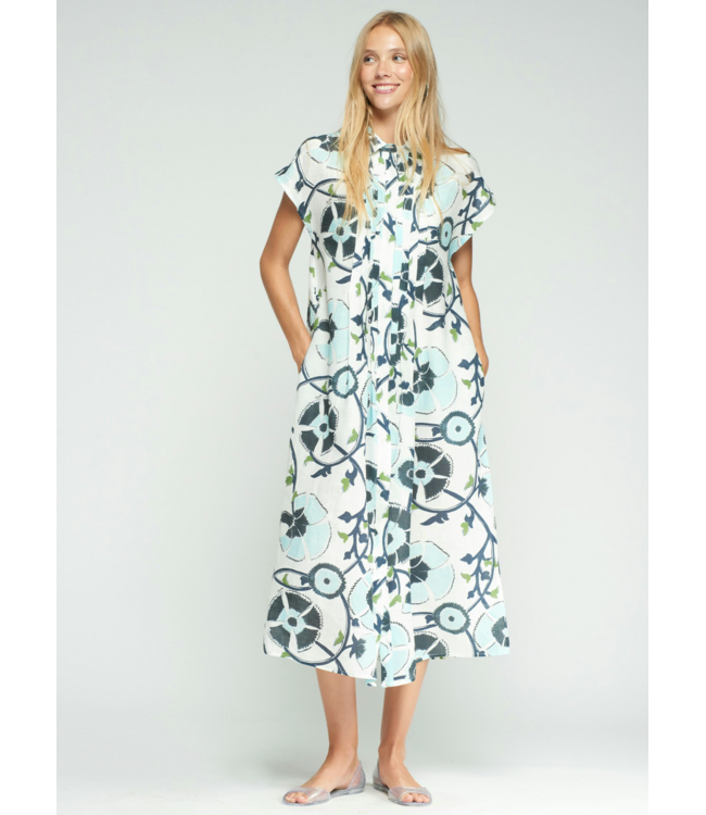 Blue Floral Linen S/S Dress