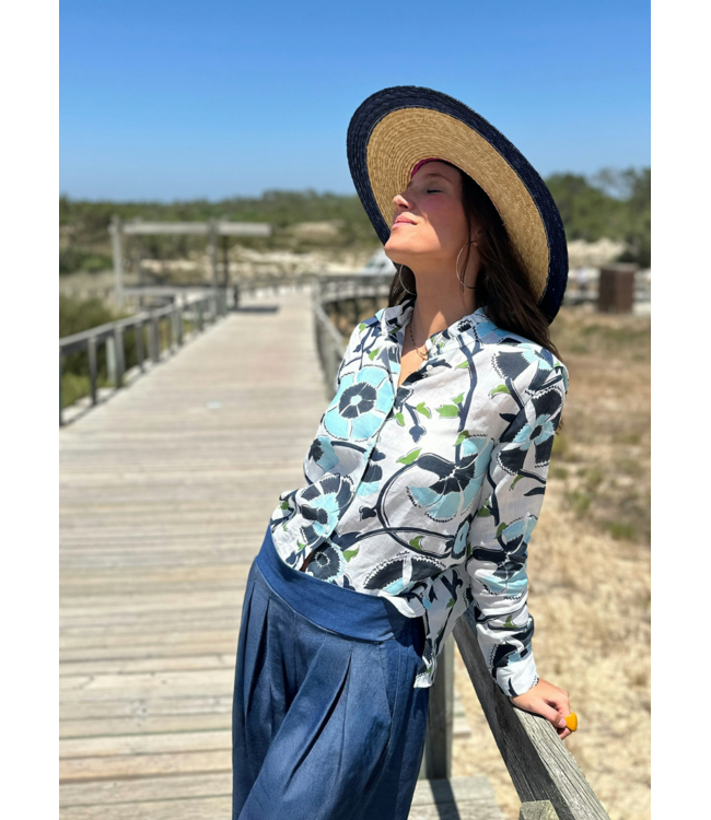 Blue Floral Linen L/S Top
