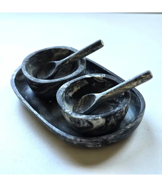Resin Serving Tray with Two Bowls & Spoons- Indigo