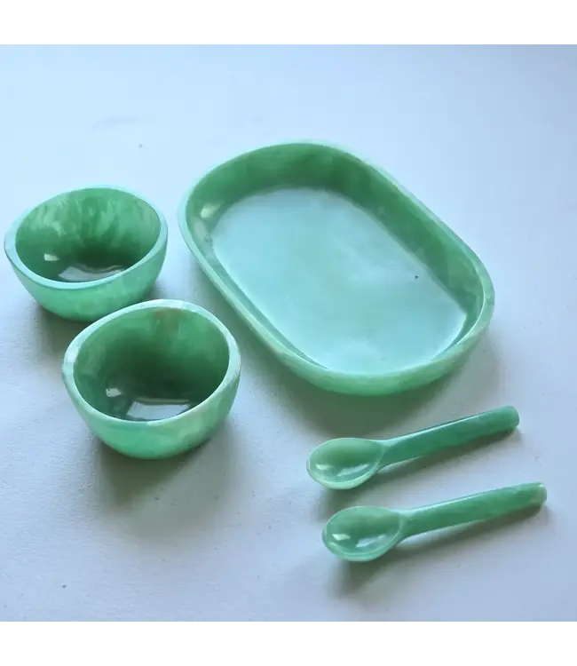 Resin Serving Tray with Two Bowls/Spoons Teal