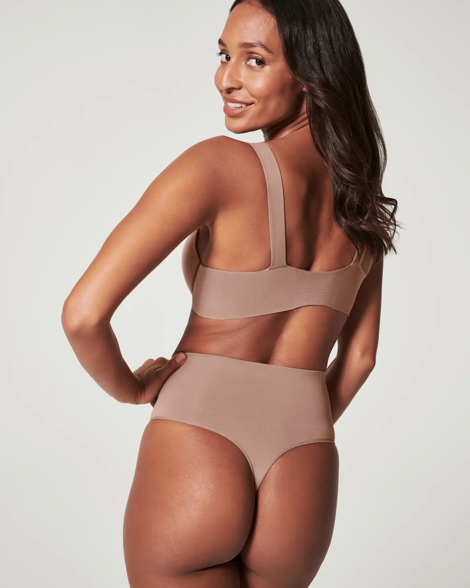 Spanx Ecocare High-rise Stretch-woven Thong In Cafe Au Lait