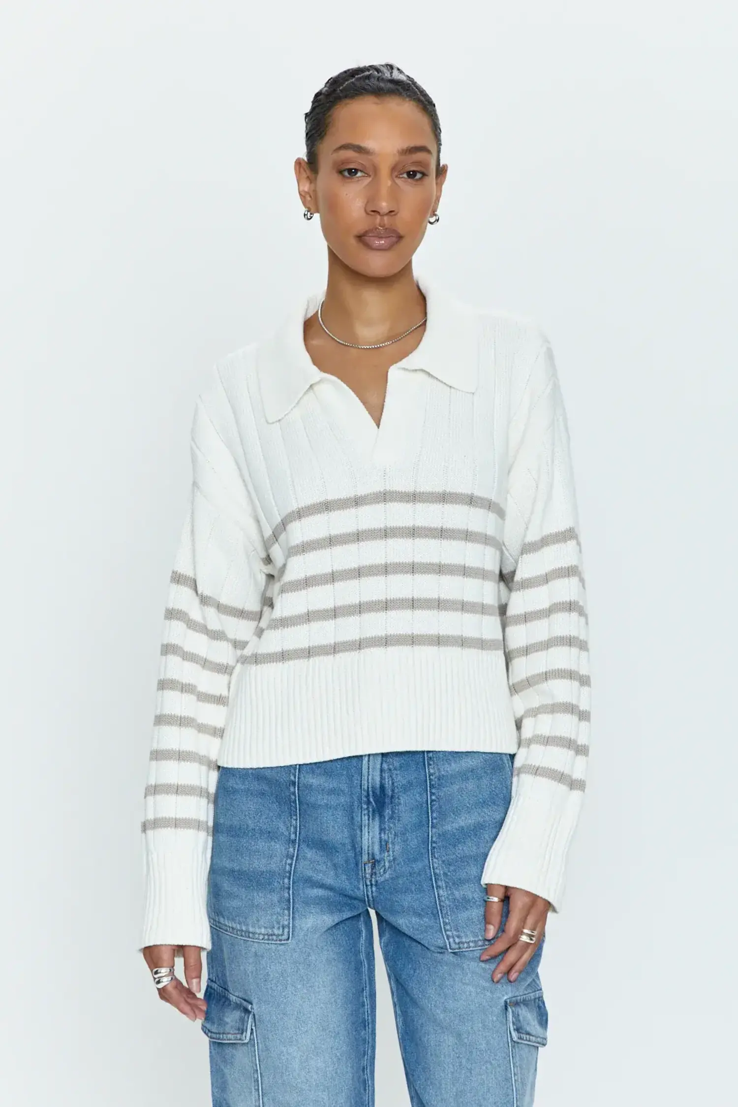 Pistola Arlo Polo Sweater Ecru Taupe Stripe Tryst Boutique