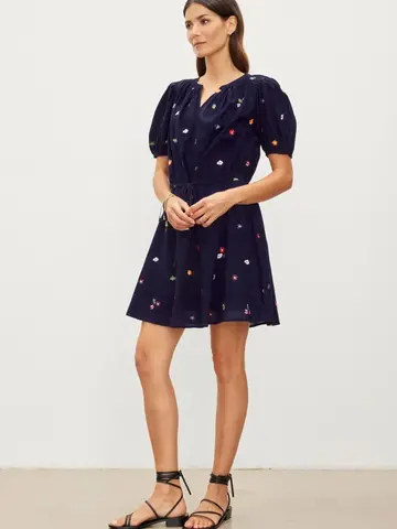 Velvet Cleo Embroidered Dress Navy