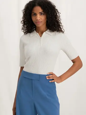 Yaya Rib Stitch Polo with Zipper Ivory White