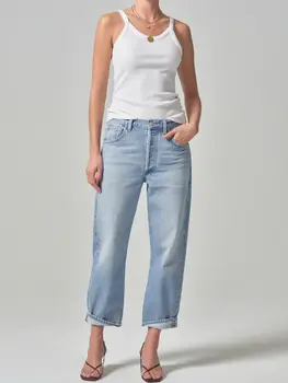 JWZUY Womens Cotton Blend Faux Jeans Side Crisscross Print High
