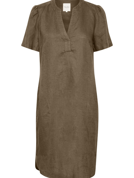 Part Two Aminase Short Sleeve Split Neck Shaped Linen Dress Khaki