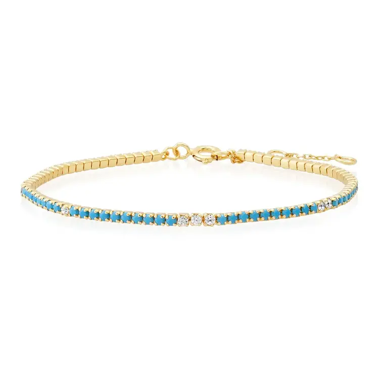 Gold Vermeil Turquoise Tennis Chain Bracelet with CZ Detailing
