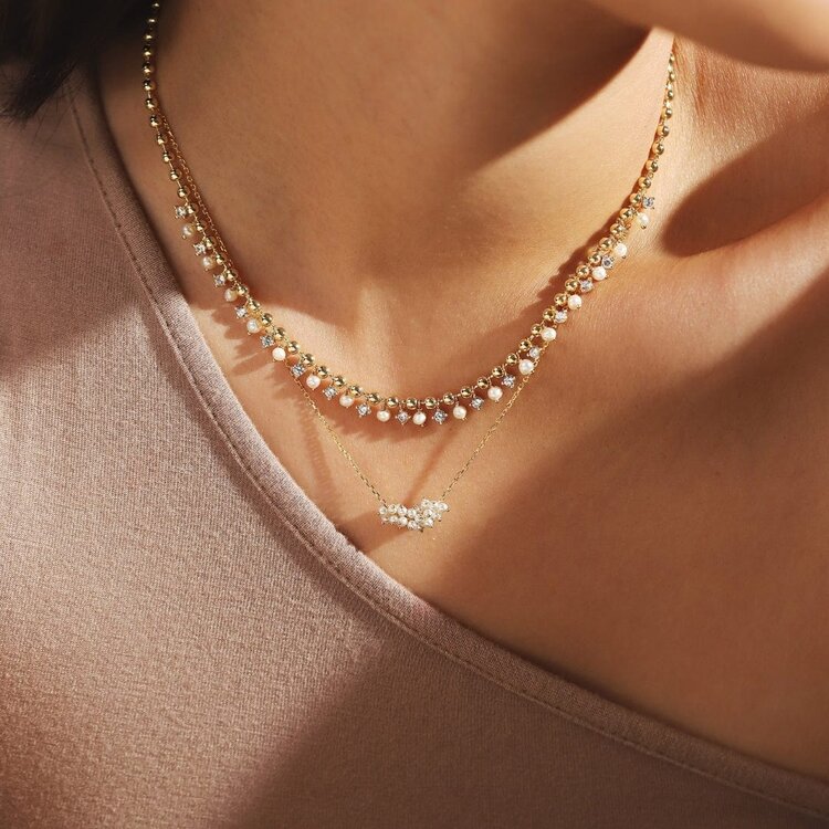 Gold Mini Ball Necklace w/Pearl and CZ Detailing