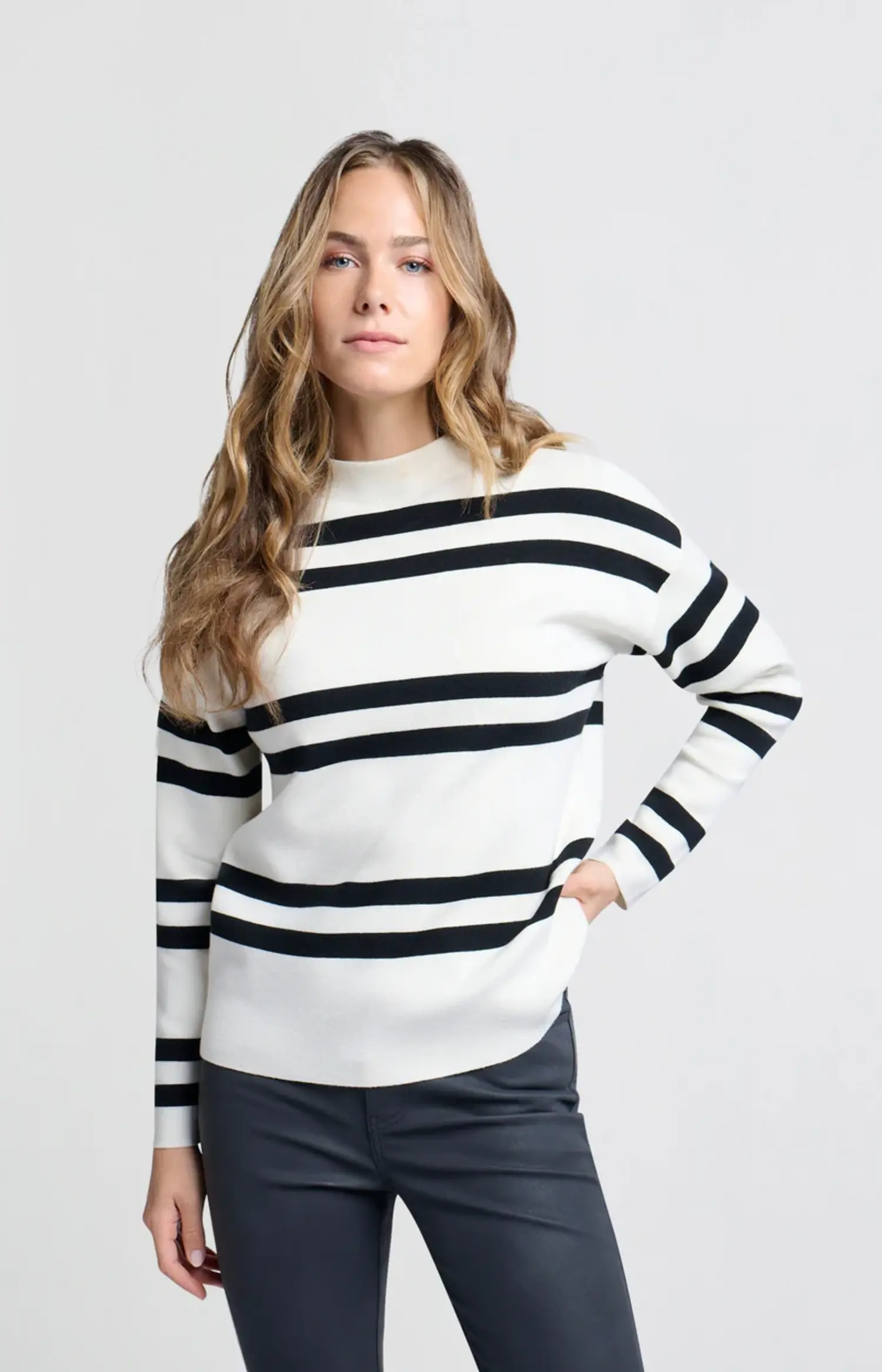 Yaya Block Stripe Sweater High Neck Chalk White