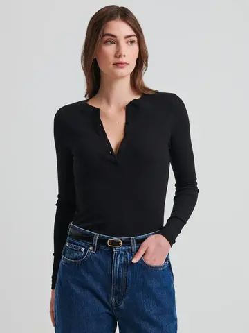 Patrick Assaraf Pima Stretch Cotton Ribbed LS Henley Black